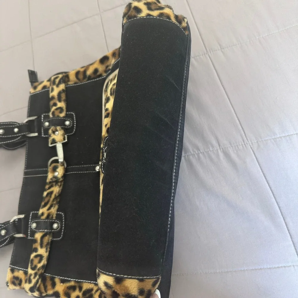 Nicole Lee Large Tote Bag Black Leopard Faux Suede Kiss Lock Y2K Buckle Hobo
